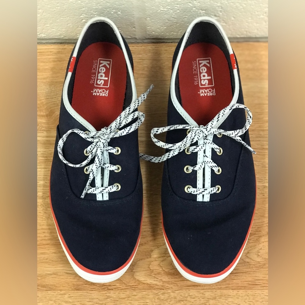 Womens 9.5 Keds Champion Sneakers Tennis Shoes Navy Blue Red White Classic Style